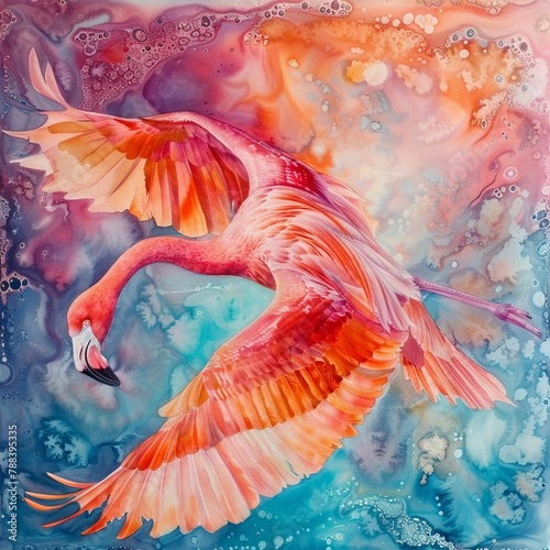 Capture the graceful flight of a flamingo from a unique topdown perspective, blending intricate feather details with dreamlike surrealism in a watercolor medium