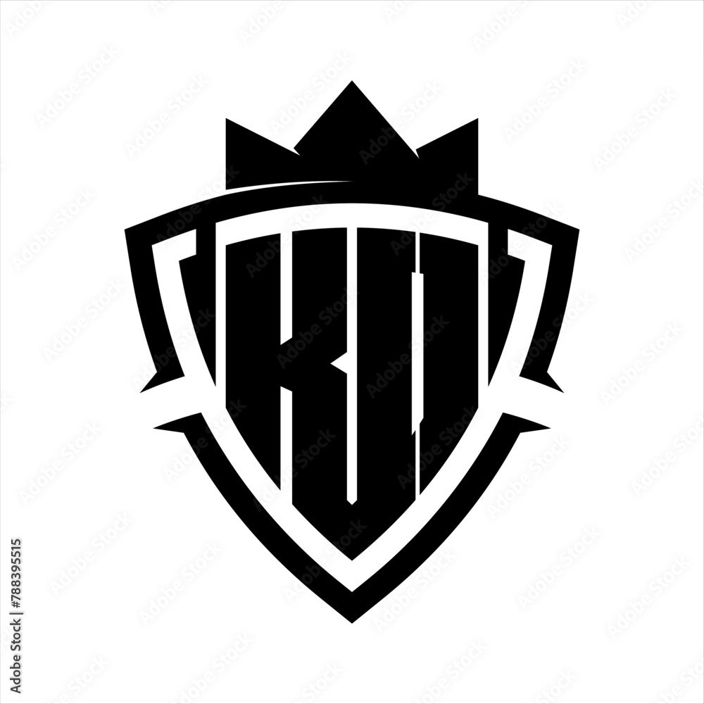 KO Letter bold monogram triangle curve shield shape with crown black and white background color design KO Letter bold monogram triangle curve shield shape with crown black and white background color design