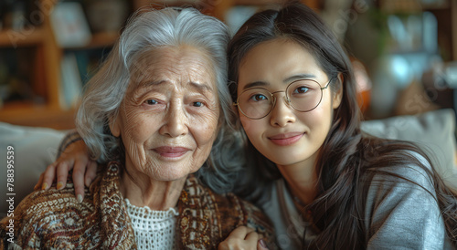 A young Asian woman wearing glasses and an elderly Asian woman with white hair, smiling together in a cozy room.