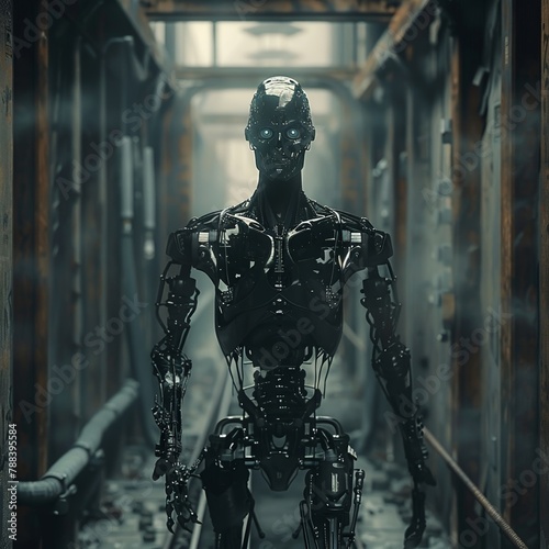 Delve into a mesmerizing world where machines come alive Show a frontal view of futuristic technologies engulfed in eerie horror thrills Experiment photo