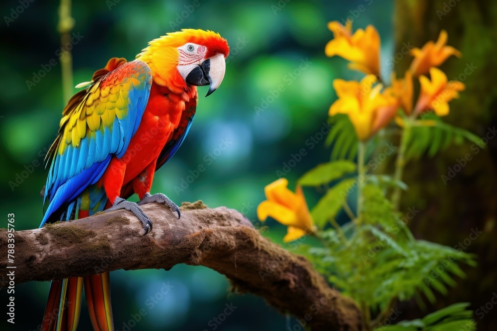 Idyllic Parrot macaw tropical island. Nature art tropical bird zoo. Generate Ai