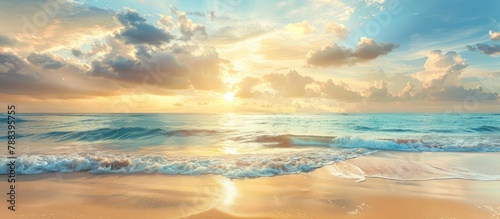 Abstract background of the sea during summer or spring  featuring a golden sandy beach against a backdrop of blue ocean  clouds  and a sunset.