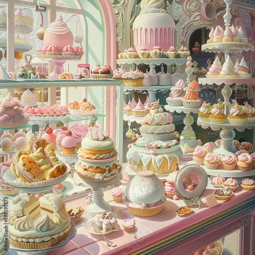 Immerse in a utopian bakery landscape, showcasing whimsical desserts from an unexpected birdseye view, highlighting intricate details in a traditional art medium with a dreamy pastel palette