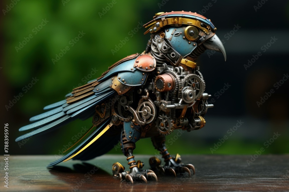 Fototapeta premium Quirky Steelpunk mechanical parrot. Art bird. Generate Ai