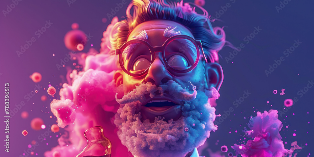 Animated hipster man with beard and glasses standing in front of swirling pink smoke