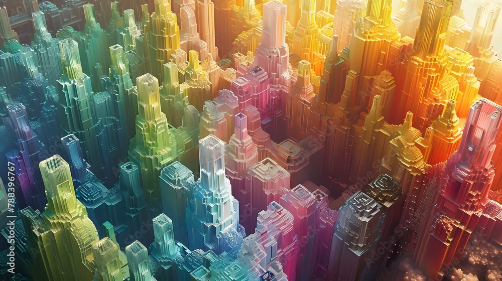Transparent replicas of colorful buildings towering in the bustling city.