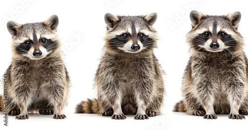 trio of inquisitive raccoon friends on white background photo