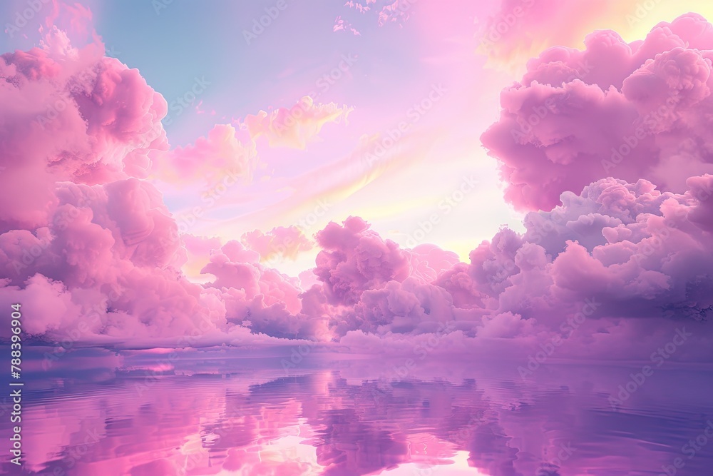 Pink Mystery Clouds, Fantastic Sea Reflections, Bright Lights in the Morning, Colorful Fluffy Clouds Flowing in sky Pink Mystery Clouds, Fantastic Sea Reflections, Bright Lights in the Morning, Colorful Fluffy Clouds Flowing in sky