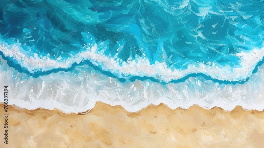 Blue sea waves and sand illustrate an oil painting abstract watercolor background. Top view of the Turquoise Coast captures beautiful natural travel scenes from the air, perfect for wall art