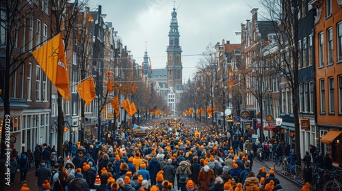 Happy Kings  Day in Netherlands, Crowded Street Scene With Tall Buildings