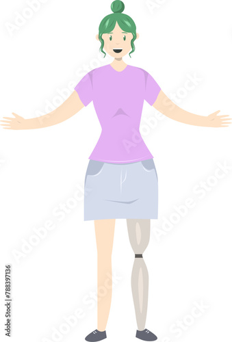 Illustration of a girl with a prosthetic leg in flat style on white background. Flat Illustration on the theme of body positivity