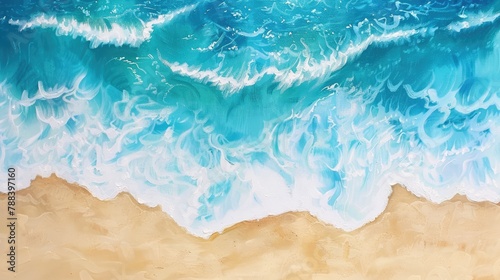 Blue sea waves and sand illustrate an oil painting abstract watercolor background. Top view of the Turquoise Coast captures beautiful natural travel scenes from the air, perfect for wall art