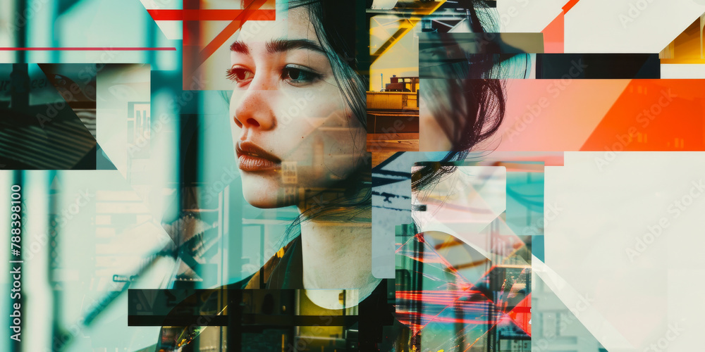 Obraz premium Abstract Urban Portrait of a Reflective Young Woman