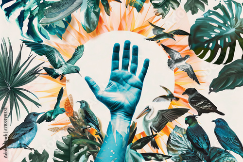 Surreal Tropical Birds and Hand with Flora Illustration