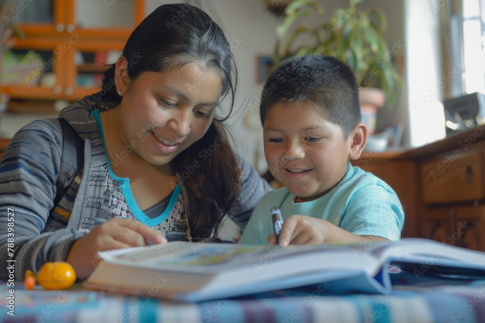 © AI_images - A Latino mother and child revel in reading a book together while completing homework, their enthusiasm for learning shining through. © AI_images - A Latino mother and child revel in reading a book together while completing homework, their enthusiasm for learning shining through.