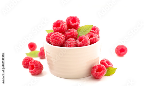 bowl of fresh raspberries fruits isolated on white background