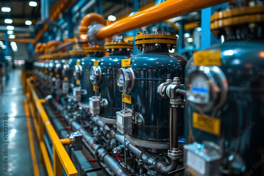Fototapeta premium A modern industrial water filtration system with pressure gauges, pipes, and tanks in a large-scale manufacturing facility