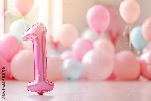 Pastel pink helium floating balloon made in shape of number one. Baby girl birthday party for 1 year celebration, copy space
