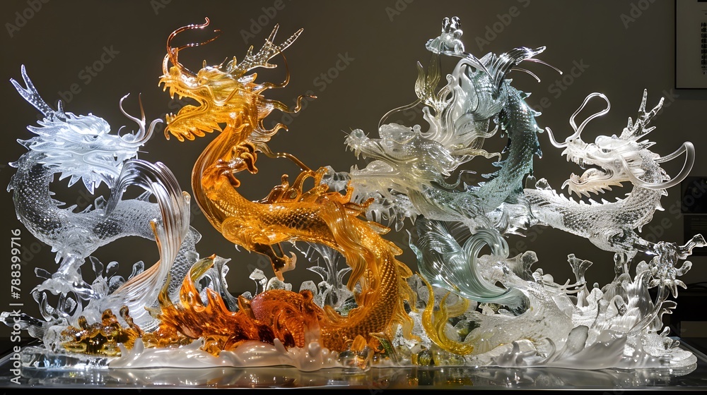 Obraz premium Golden Chinese Dragon Glass Statue look like on Water