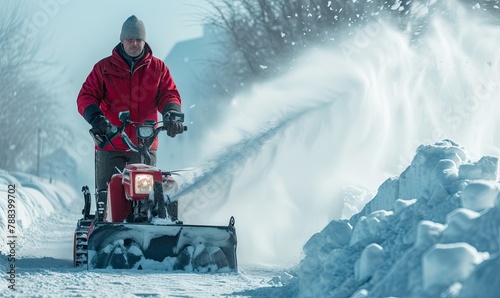 Cleaning snow using a snowblower on winter road