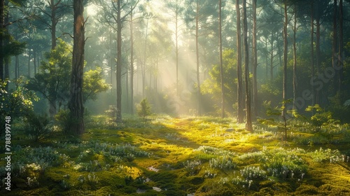 A tranquil forest glade is bathed in the soft light of dawn, casting long shadows across the moss-covered ground. The air is filled with the earthy scent of pine, while birdsong fills the air with mus