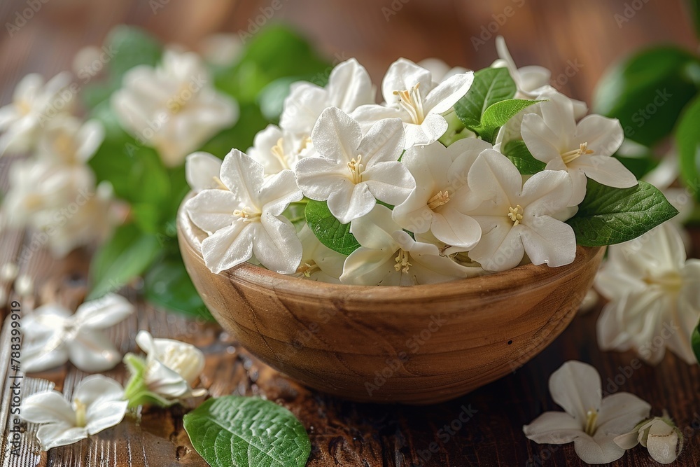 Fresh white jasmine flowers arranged delicately in a handcrafted wooden bowl on a rustic wooden background Fresh white jasmine flowers arranged delicately in a handcrafted wooden bowl on a rustic wooden background