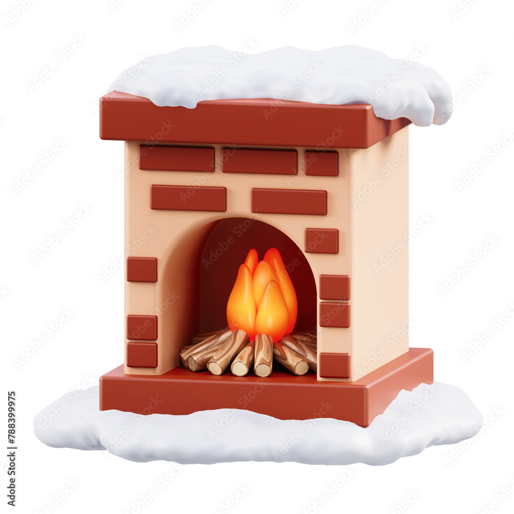 Fototapeta premium Cozy Christmas Fireplace with Snowy Roof in 3D Style