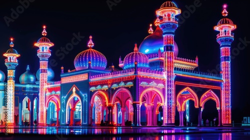 A mosque illuminated with colorful lights photo