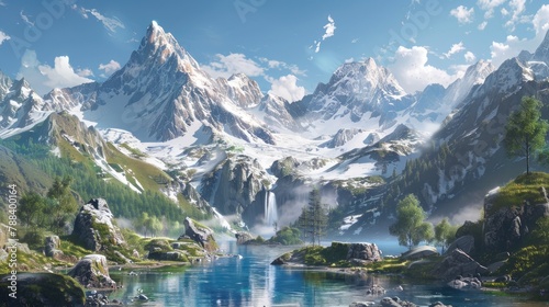 pristine mountain landscape with snow-capped peaks