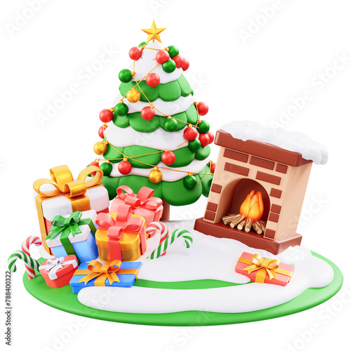 Colorful 3D Christmas Tree and Gift Icons with Fireplace (ID: 788400322)