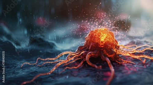 A symbolic illustration of a cancer cell being defeated by medical treatmet photo