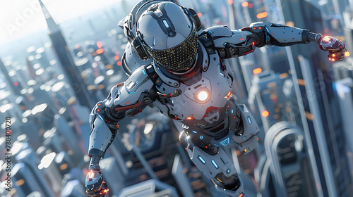 The robot or cyborg woman in the superhero iron suit is flying over a futuristic city. The character has a jetpack rocket engine and is riding a cyborg jetpack. The robot woman flies overhead.