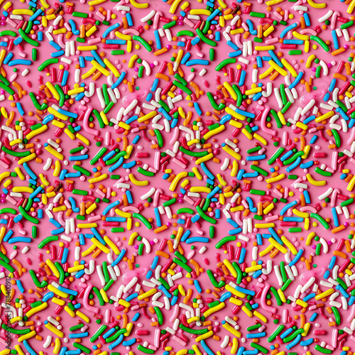 rainbow sprinkles on a pink icing background, repeatable seamless background tile © amavcoffee