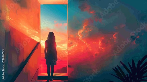 A girl standing in a doorway, looking out at a beautiful sunset. The sky is a gradient of orange, pink, and blue, and the clouds are fluffy and white. The girl is wearing a dress, and her hair is long photo