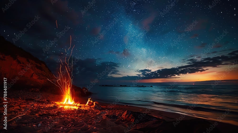 Beach bonfire gathering under a starlit sky, igniting warmth and camaraderie by the water's edge - obrazy, fototapety, plakaty 