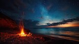 Beach bonfire gathering under a starlit sky, igniting warmth and camaraderie by the water's edge