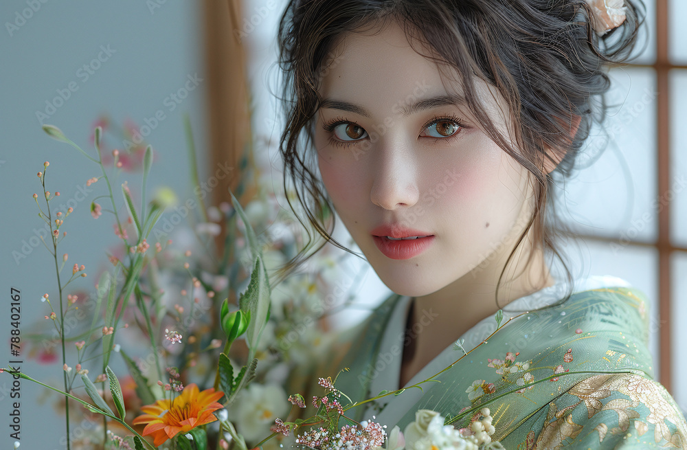 Naklejka premium A young woman in a traditional green kimono poses elegantly with a delicate floral arrangement in a serene setting.