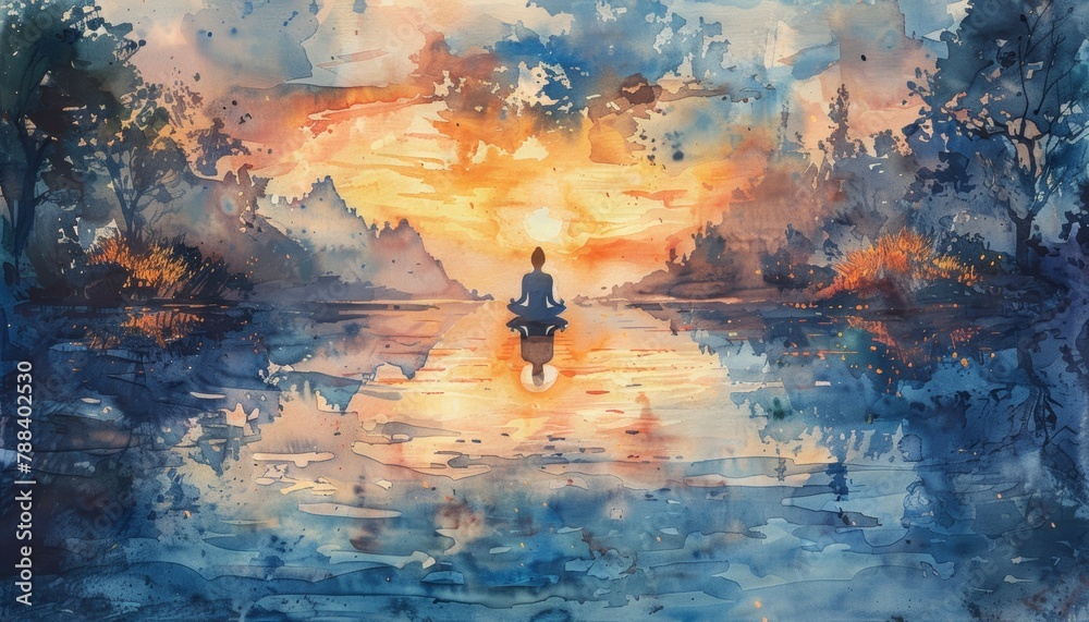 A watercolor painting of a person meditating on a lake at sunset.