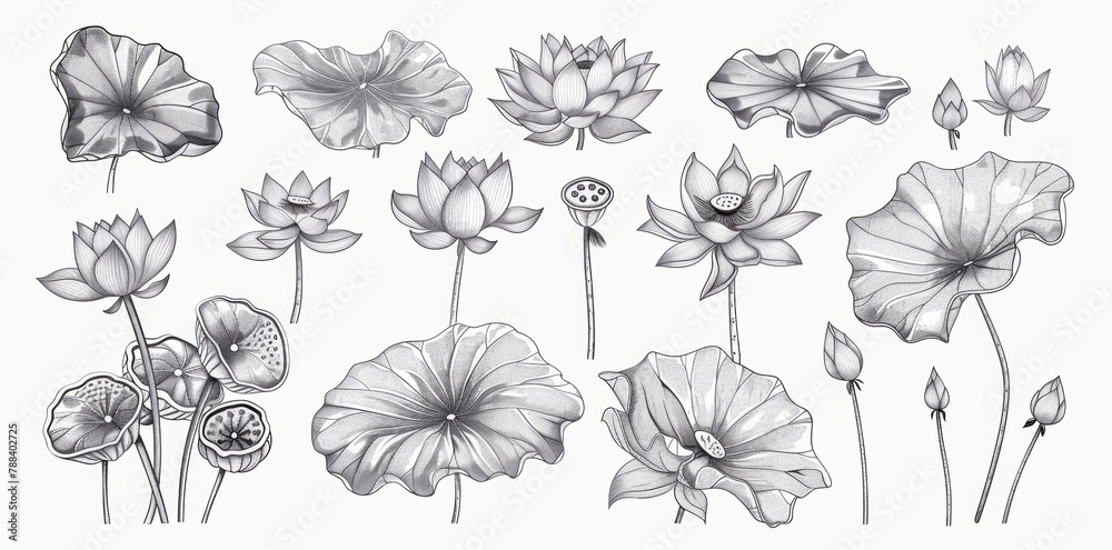 KSA set of handdrawn sketch drawings of lotus leave