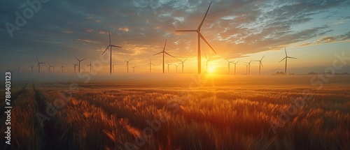 A field of wind turbines with a sun setting in the background by AI generated image