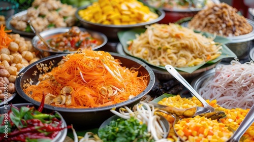 colorful spread of Thai street food  including pad Thai  som tum  and mango sticky rice  showcasing the diversity of Thai cuisine.