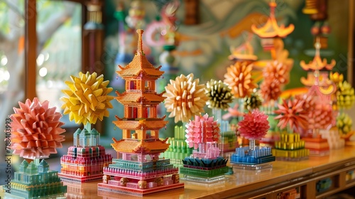 Models of various buildings and structures made from building blocks are lined up in beautiful colors.