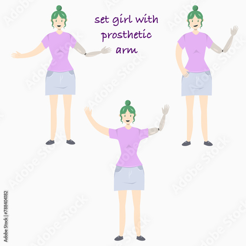 Set Illustration of a girl with a prosthetic arm in flat style. Flat Illustration on the theme of body positivity.