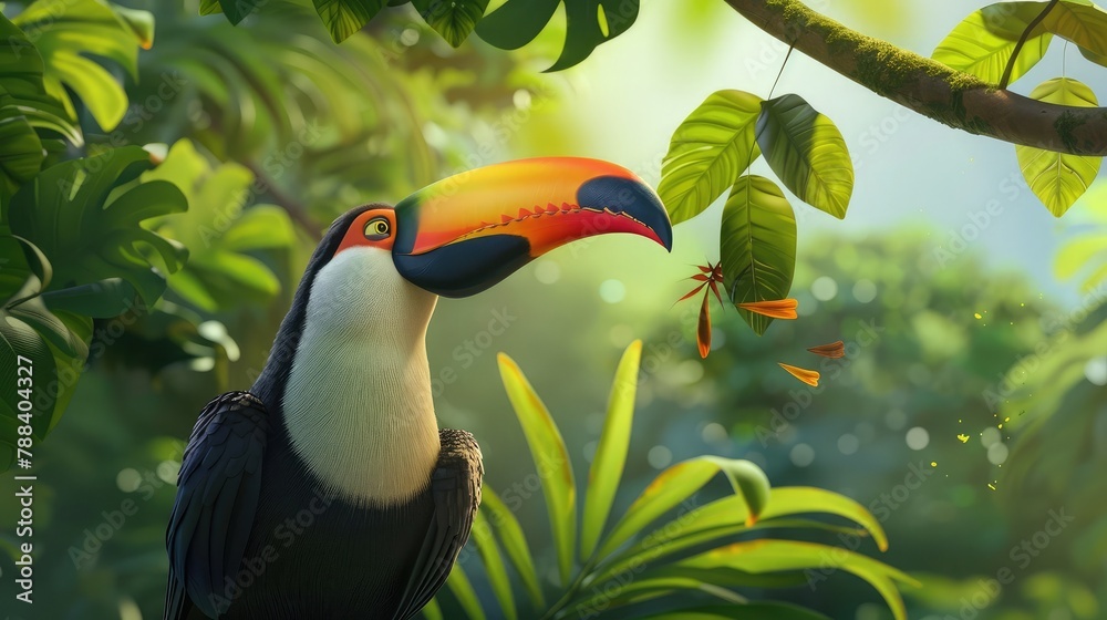 Obraz premium curious toucan with its colorful beak exploring the lush green canopy of the rainforest