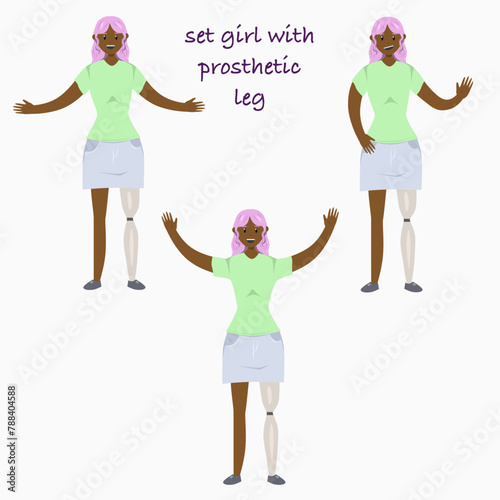 Set illustration of a black girl with a prosthetic leg in flat style. Flat Illustration on the theme of body positivity.