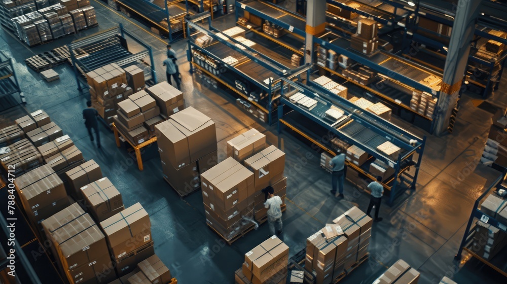 e-commerce warehouse bustling with activity as workers fulfill orders and prepare shipments for delivery. e-commerce warehouse bustling with activity as workers fulfill orders and prepare shipments for delivery.