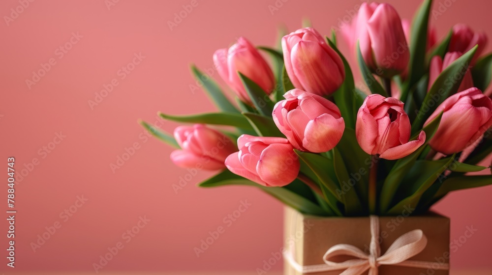 Fototapeta premium Tulips with gift box on red background.