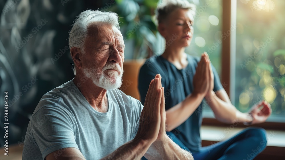 elderly man practicing yoga with the help of a caregiver, promoting flexibility and relaxation elderly man practicing yoga with the help of a caregiver, promoting flexibility and relaxation