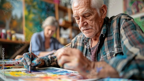 elderly man participating in an art therapy session with the guidance of a caregiver, fostering creativity and expression