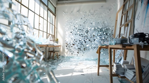 A white art room decorated with thousands of mirrors of different shapes.